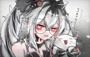 Rule 34 | 1girl, absurdres, animal, artist name, bare shoulders, bespectacled, cat, character name, chromatic aberration, commentary, english commentary, glasses, headgear, highres, holding, holding animal, jetavie: daybreak (pgr), jetavie (pgr), long hair, looking at viewer, mechanical hands, mismatched pupils, multicolored hair, open mouth, pointy ears, punishing: gray raven, sanx7, smile, solo, streaked hair, symbol-shaped pupils