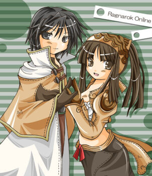 1boy 1girl 2000s_(style) akiiyuuri black_hair blush bra brown_capelet brown_eyes brown_gloves brown_hair brown_headscarf brown_jacket cape capelet closed_mouth commentary_request copyright_name cowboy_shot gloves green_background grey_eyes headscarf high_ponytail holding_hands jacket long_hair long_sleeves looking_at_viewer mage_(ragnarok_online) open_mouth ponytail ragnarok_online short_hair shrug_(clothing) smile striped_background thief_(ragnarok_online) underwear white_bra white_cape