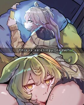 2girls :t bite_mark black_shirt black_skirt blue_eyes cardigan closed_mouth cowboy_shot english_text frown green_hair grey_hair head_between_thighs highres holding holding_phone i'm_this_clingy_(meme) kasukabe_tsumugi long_hair looking_at_phone looking_at_viewer meme miniskirt multiple_girls muu_hachiba on_bed pea_pod phone pillow shirt skirt snapchat voiceroid voicevox yellow_cardigan yellow_eyes zundamon