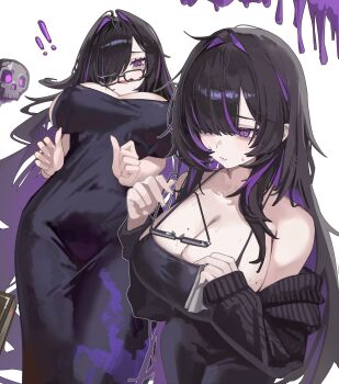 ! !! 1girl absurdres bags_under_eyes black-framed_eyewear black_cardigan black_dress black_hair blush breasts cardigan cardigan_partially_removed cleavage commentary_request covered_navel dress floating_skull glasses goddess_of_victory:_nikke hair_over_one_eye highres jun_daniell label_(nikke) large_breasts long_hair mole mole_on_breast multicolored_hair multiple_views purple_hair sleeveless sleeveless_dress spaghetti_strap straight_hair streaked_hair sweatdrop two-tone_hair very_long_hair
