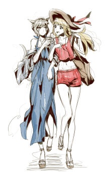 2girls animal_ears bamboo9545 blonde_hair blue_dress blue_eyes brown_hat cat_ears cat_girl cat_tail commentary dress earrings facial_mark final_fantasy final_fantasy_xiv grey_hair hat highres hume jewelry locked_arms long_hair lyse_hext miqo&#039;te multiple_girls open_mouth red_shorts red_tank_top sandals short_hair shorts smile tail tank_top whisker_markings y&#039;shtola_rhul