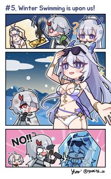 3girls :o ? absurdres bandage_over_one_eye bare_shoulders bikini blush breasts cold commentary dragon_girl dragon_horns duet_night_abyss english_commentary english_text eyewear_on_head frozen fushu_(duet_night_abyss) grey_hair hair_between_eyes hammer highres holding holding_hammer holding_money horns large_breasts long_hair looking_at_another money multiple_girls navel official_alternate_costume phoxhunter_(duet_night_abyss) purple_eyes smile snow_(duet_night_abyss) snowing stomach sunglasses swimsuit the_girl_in_the_dream_(duet_night_abyss) white_bikini yami_(yami56_u)