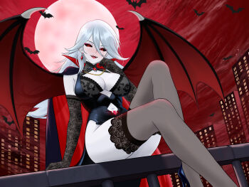 1girl absurdres bat_(animal) bertstudent black_gloves black_thighhighs breasts cape cleavage cleavage_cutout clothing_cutout colored_skin demon_wings duel_monster earrings elbow_gloves gloves grey_skin hair_between_eyes highres jewelry large_breasts looking_at_viewer moon navel_cutout night night_sky parted_lips red_eyes red_moon red_sky silent_magician sitting sky thighhighs two-tone_cape wings yu-gi-oh!