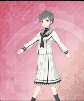 1girl ayanokouji_martial_arts_school_uniform black_neckerchief black_shirt black_socks breasts brown_eyes closed_mouth dot_nose feet_out_of_frame floral_background game_cg grey_hair grey_sailor_collar hasui_mayumi layered_sleeves long_sleeves looking_at_viewer medium_breasts messy_hair neckerchief official_art pink_background sailor_collar school_uniform serafuku shirt shoes short_hair skirt smile socks solo third-party_source toji_no_miko toji_no_miko:_kizamishi_issen_no_tomoshibi very_short_hair walking white_serafuku white_shirt white_shoes white_skirt