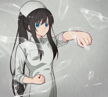 1girl black_hair blue_eyes breast_pocket broken_glass clenched_hands closed_mouth cosplay dress glass grey_background hair_between_eyes hat hirakawa long_hair long_sleeves nurse nurse_cap pocket ponytail punching shiina_ringo simple_background sleeves_rolled_up solo tohno_akiha tsukihime white_dress white_hat