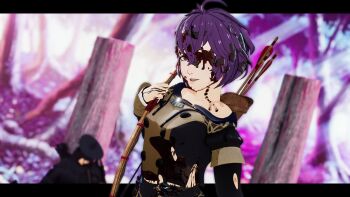 1girl 3d amateurthrowaway bernadetta_von_varley blood blood_on_clothes blood_on_face bow fire_emblem fire_emblem:_three_houses highres looking_at_viewer nintendo one_eye_closed purple_hair short_hair solo