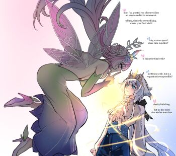 2girls alternate_costume alternate_species ascot backless_dress backless_outfit bare_back bare_shoulders blue_background blue_corset blue_eyes blue_flower blue_hair blue_pants breasts bright_pupils cerydra_(honkai:_star_rail) choikfu collared_shirt commentary corset cyrene_(honkai:_star_rail) cyrene_(ripples_of_past_reverie)_(honkai:_star_rail) detached_sleeves dress english_commentary english_text eye_contact face-to-face fairy fairy_wings finger_to_own_nose floating_hair flower flying frilled_sleeves frills from_side glowing gold_tiara green_dress green_sleeves grin hair_flower hair_ornament high_heels highres honkai:_star_rail honkai_(series) kishimen_hair large_breasts long_dress long_hair long_sleeves looking_at_another low_ponytail median_furrow multiple_girls multiple_wings ouji_fashion pants pink_background pink_eyes pink_hair pink_wings poet_shirt pointy_ears ponytail profile pumps shirt shirt_tucked_in shoes sideboob smile talking tiara underbust very_long_hair white_ascot white_background white_pupils white_shoes wing_collar wings