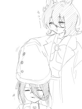 2girls agnes_tachyon_(umamusume) annoyed bow bowtie chemical_structure closed_eyes coat commentary_request cup ear_ornament ear_tag earrings greyscale hair_between_eyes highres jewelry lab_coat long_hair_between_eyes manhattan_cafe_(umamusume) monochrome motion_lines multiple_girls okima_udo open_clothes open_coat open_mouth pleated_skirt short_hair single_earring skirt sweatdrop umamusume wide_sleeves