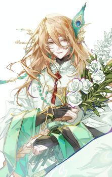 1boy absurdres bead_necklace beads black_bridal_gauntlets black_shirt bouquet bracelet braid bridal_gauntlets brown_eyes brown_hair buddha's_temptation_(the_tale_of_food) changmingsuo changpao chinese_clothes chinese_commentary double-parted_bangs earrings feather_hair_ornament feathers flower gold_bracelet gougounengyoushenmehuaixinsini10205 green_shawl hair_between_eyes hair_ornament hair_stick heterochromia highres holding holding_bouquet jewelry leaf long_bangs long_hair long_sleeves looking_at_viewer loosely_tucked_bangs male_focus neck_tassel necklace official_alternate_costume parted_lips peacock_feathers peacock_feathers_hair_ornament robe rose shawl shirt side_braid simple_background smile solo tassel tassel_earrings the_tale_of_food turtleneck turtleneck_shirt undershirt upper_body white_background white_flower white_robe white_rose wide_sleeves yellow_eyes