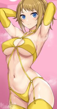 1girl armpits arms_up bare_shoulders bikini blue_eyes blush breasts brown_hair choker cleavage cleavage_cutout closed_mouth clothing_cutout collarbone commentary_request contrapposto cowboy_shot criss-cross_halter elbow_gloves female_pubic_hair garter_straps gloves groin gundam gundam_build_fighters gundam_build_fighters_try halterneck highres hoshino_fumina looking_at_viewer medium_breasts navel nirowata ponytail pubic_hair pubic_hair_peek short_hair sidelocks smile solo standing steaming_body stomach sweat swimsuit thighhighs underboob yellow_bikini yellow_choker yellow_gloves yellow_thighhighs