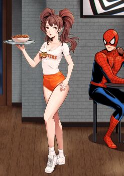 1boy 1girl bare_legs bowl breasts brown_eyes brown_hair chicken_(food) cleavage commentary earrings eating eightyfourart food highres holding holding_tray hooters jewelry kujikawa_rise long_hair looking_at_another looking_at_ass lufel_(owl)_(p5x) lufel_(p5x) marvel medium_breasts persona persona_4 persona_5 persona_5:_the_phantom_x restaurant shirt shoes short_shorts shorts sitting sneakers socks spider-man spider-man_(series) standing stud_earrings table thighs tray twintails white_shirt white_shoes white_socks