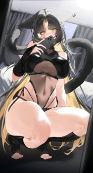 1girl absurdres animal_ears bikini black_bikini black_hair black_socks blonde_hair breasts brown_leotard cat_ears cat_girl cat_tail cellphone commentary commission covered_navel covering_own_mouth highleg highleg_leotard highres holding holding_phone kneehighs large_breasts leotard long_hair looking_at_viewer multi-strapped_bikini_bottom original parted_bangs phone ryu_(yanagi) side-tie_bikini_bottom smartphone socks solo squatting stirrup_legwear string_bikini swimsuit tail tail_raised thick_thighs thighs toeless_legwear two-tone_shirt very_long_hair