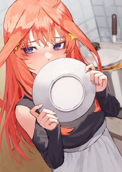 1girl blue_eyes blush commentary_request dress embarrassed fagi_(kakikaki) go-toubun_no_hanayome kitchen long_hair looking_to_the_side nakano_itsuki plate red_hair saucepan solo standing