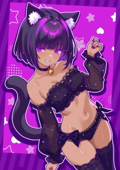 1girl absurdres animal_ears bare_shoulders bell black_bra black_choker black_hair black_panties black_thighhighs bra breasts cat_ears cat_girl cat_tail choker commentary dark-skinned_female dark_skin detached_sleeves english_commentary finn_flint finn_flint_(vtuber) halftone heart heart_background highres lace lace-trimmed_bra lace-trimmed_panties lace-trimmed_thighhighs lace_trim lingerie long_sleeves looking_at_viewer multicolored_hair navel neck_bell original panties purple_background purple_eyes purple_hair short_hair simple_background small_breasts smile star_(symbol) star_symbol_background stomach strapless strapless_bra streaked_hair tail thighhighs two-tone_background underwear