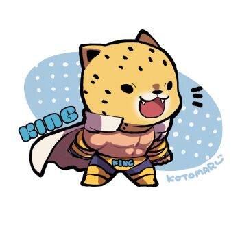 1boy black_eyes black_pants blue_gloves character_name chibi clothes_writing fang fingerless_gloves full_body gloves jacket jaguar_boy king_(tekken) kotomaru_(kotokoto_kottan) pants pectorals signature standing tekken topless_male white_jacket wrestler