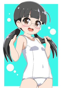 1girl bijutsubu_girl black_hair blunt_bangs breasts brown_eyes covered_navel cowboy_shot glasses low_twintails mizusaki_johnko old_school_swimsuit one-piece_swimsuit open_mouth school_swimsuit small_breasts solo swimsuit twintails uchida_sachiho white_one-piece_swimsuit