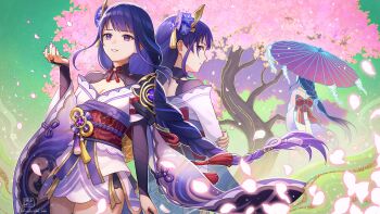 Rule 34 | 3girls, absurdres, back bow, bow, bridal gauntlets, cherry blossoms, closed mouth, clothing cutout, commentary request, crossed arms, falling petals, from behind, from side, genshin impact, glowing, glowing petals, green background, hair ornament, hair ribbon, highres, holding, holding umbrella, japanese clothes, kimono, lingerie, long hair, long sleeves, looking at viewer, looking to the side, low-tied long hair, makoto (genshin impact), mitsudomoe (shape), mole, mole under eye, multiple girls, oil-paper umbrella, parted lips, petals, pink kimono, purple eyes, purple hair, purple kimono, purple nails, raiden shogun, red sash, ribbon, sash, shade, shoulder cutout, siblings, sisters, standing, thighs, tomoe (symbol), tree, twins, umbrella, underwear, wide sleeves, yuko666