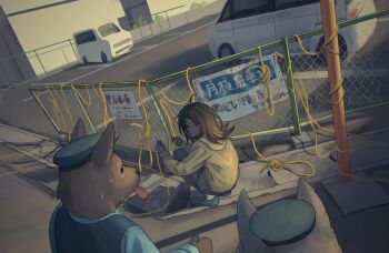 1girl 2boys black_hair blue_shoes chain-link_fence commentary dark_skin dog_boy fence hat hood hood_down hoodie long_hair motor_vehicle multiple_boys noose original outdoors parking_lot pointy_ears police police_hat police_uniform shoes shorts squatting symbol-only_commentary tensen_(dotted_line) tongue tongue_out tying van