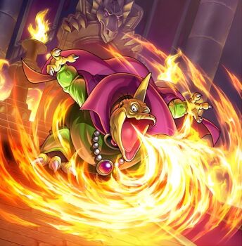 Rule 34 | 1boy, artist request, baramos, breath weapon, breathing fire, cape, claws, dragon quest, dragon quest iii, dragon quest rivals, fire, floating cape, game cg, green robe, horns, jewelry, long sleeves, looking at viewer, looking to the side, male focus, monster, monster focus, necklace, no humans, official art, open mouth, purple cape, resized, robe, single horn, solo, third-party source, throne, tongue, upscaled