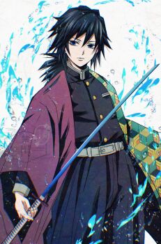 1boy belt black_hair black_jacket black_pants blue_eyes buttons closed_mouth empty_eyes haori highres holding holding_sword holding_weapon jacket japanese_clothes katana kimetsu_no_yaiba long_hair looking_at_viewer low_ponytail male_focus pants ponytail puffy_pants runa_(ren_rainfall) solo spiked_hair sword tomioka_giyuu upper_body water watermark weapon white_background white_belt