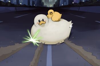 1girl 1other akira_(manga) akira_slide animal baby_animal bird building diva_(hyxpk) drifting duck duckling full_body hashtag-only_commentary highres lamppost looking_at_viewer meme meme_request mother_and_child night no_humans original parody riding riding_animal road scene_reference sparks street