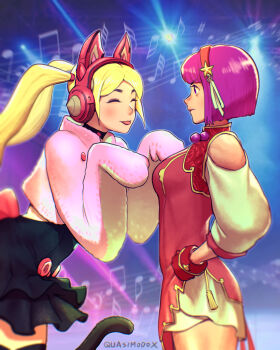 2girls animal_ear_headphones animal_ears animal_hands annoyed asamiya_athena beamed_eighth_notes black_thighhighs blonde_hair blush breasts cat_ear_headphones cat_ears cat_tail choker crossover face-to-face fake_animal_ears fingerless_gloves fortissimo from_side gloves hair_ornament hairband hands_on_own_hips headphones highres jewelry large_breasts long_hair lucky_chloe multiple_girls musical_note namco paw_gloves paw_pose purple_eyes purple_hair quasimodox red_hairband short_hair snk star_(symbol) star_hair_ornament tail tekken tekken_7 the_king_of_fighters the_king_of_fighters_xv thighhighs treble_clef twintails