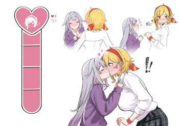 ! !! 2girls absurdres alternate_costume black_skirt blonde_hair blush closed_eyes collared_shirt colored_inner_hair grey_hair hairband heart highres hololive hololive_english hololive_indonesia kaela_kovalskia kiss koseki_bijou long_hair medium_hair multicolored_hair multiple_girls pout purple_hair purple_sweater raikkonen red_eyes red_hairband school_uniform shirt simple_background skirt sweater white_background white_shirt yuri