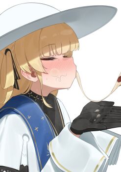 1boy 1girl after_fellatio black_gloves blonde_hair blush closed_eyes eating flasso food gloves hat highres implied_fellatio long_hair open_hands out_of_frame phoebe_(wuthering_waves) pizza sexually_suggestive simple_background solo stray_pubic_hair suggestive_fluid white_background white_hat wuthering_waves