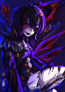 1girl ahoge artist_name black_choker black_hair black_sweater choker colored_extremities commentary corrupted_twitter_file dress extra_eyes extra_pupils eyeball_hair_ornament fingernails headphones highres long_fingernails looking_at_viewer mahou_shoujo_no_majo_saiban multicolored_hair nutsumi47 off-shoulder_sweater off_shoulder open_mouth orange_eyes orange_streaks sawatari_coco sharp_teeth signature single_bare_shoulder skirt smile solo spoilers streaked_hair sweater teeth transformation untranslatable_commentary upper_body white_skirt witch_(manosaba)