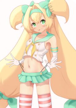 1girl :p artist_name bare_shoulders big_hair blazblue blonde_hair blush bow breasts collarbone cosplay cowboy_shot crop_top elbow_gloves gloves gluteal_fold green_bow green_eyes green_hairband green_sailor_collar green_skirt hair_intakes hairband heart heart-shaped_pupils loli long_hair looking_at_viewer low-tied_long_hair microskirt midriff multiple_hairbands navel neckerchief panties panty_lift pink_thighhighs platinum_the_trinity pleated_skirt quad_tails sailor_collar shimakaze_(kancolle) shimakaze_(kancolle)_(cosplay) shirt signature simple_background skirt sleeveless sleeveless_shirt small_breasts smile solo striped_clothes striped_thighhighs symbol-shaped_pupils teru_(te87024871) thighhighs tongue tongue_out two-tone_thighhighs two_side_up underwear very_long_hair white_background white_gloves white_shirt white_thighhighs yellow_neckerchief