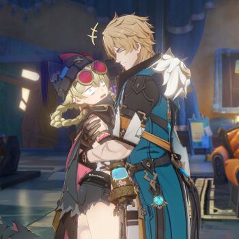 1boy 1girl 3d genshin_impact highres hug jahoda_(genshin_impact) shinshogun varka_(genshin_impact)