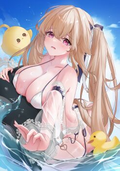 1girl @_@ absurdres anchorage_(azur_lane) anchorage_(dolphins_and_swim_lessons)_(azur_lane) ass azur_lane bikini breasts highres inflatable_dolphin inflatable_orca inflatable_toy inflatable_whale large_breasts long_hair looking_at_viewer manjuu_(azur_lane) namoho82 official_alternate_costume partially_submerged rubber_duck see-through_clothes see-through_sleeves side-tie_bikini_bottom solo_focus surfing swimsuit thighhighs twintails wet_thighhighs white_bikini white_thighhighs