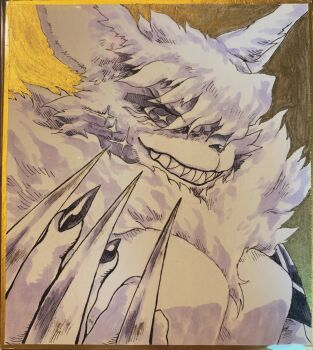 +_+ 10s 1girl breasts claws digimon digimon_adventure_tri. fangs fur_collar furry glowing_markings graphite_(medium) highres kira_dra_h meicrackmon_vicious_mode monochrome no_nipples portrait sharp_nails tail traditional_media