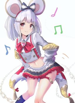 1girl animal_ears bow commentary_request dancing fake_animal_ears feet_out_of_frame granblue_fantasy hair_ornament hairclip hakubaru hands_on_own_hips heart kneehighs long_sleeves looking_at_viewer mouse_ears musical_note navel red_eyes shirt skirt smile socks solo thigh_strap vikala_(granblue_fantasy) white_hair white_skirt