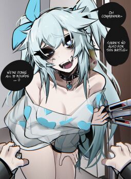 1girl ace_glitch bare_shoulders black_collar blue_eyes blue_hair breasts collar collarbone commentary cowboy_shot double-parted_bangs english_commentary english_text florence_(girls&#039;_frontline_2) girls&#039;_frontline girls&#039;_frontline_2:_exilium half-closed_eye heart heart-shaped_pupils heart_print highres holding holding_syringe indoors leaning_forward long_hair looking_at_viewer medium_breasts off_shoulder official_alternate_costume open_mouth pa-15_(girls&#039;_frontline) pa-15_(marvelous_yam_pastry)_(girls&#039;_frontline) pearto pov pov_hands print_shirt raised_inner_eyebrows shirt smile solo_focus speech_bubble symbol-shaped_pupils syringe talking teeth uneven_eyes white_shirt