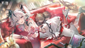 1girl asymmetrical_clothes black_eyes black_flower black_ribbon blake_bloom_(wuthering_waves) camellia camellya_(wuthering_waves) character_doll chinese_commentary clothing_cutout collar commentary_request controller copyright_notice couch doll dress earrings female_rover_(wuthering_waves) flower flower_on_chest game_controller gold_earrings hair_between_eyes hair_flower hair_ornament hair_ribbon hair_vines highres holding holding_controller holding_game_controller indoors jewelry logo looking_at_viewer male_rover_(wuthering_waves) navel official_art on_couch open_mouth pants red_pupils red_ribbon ribbon rover_(wuthering_waves) short_hair short_twintails sideless_dress single_pantsleg smile solo stomach_cutout tacet_mark_(wuthering_waves) twintails white_collar white_dress white_hair white_pants wuthering_waves