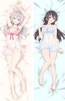 2girls ahoge alisa_mikhailovna_kujou armpit_crease armpits arms_up artist_request babydoll bare_arms bare_legs bare_shoulders barefoot bed_sheet black_eyes black_hair blue_babydoll blue_eyes blush breasts camisole cleavage collarbone commentary_request covered_navel dakimakura_(medium) double_dakimakura_(medium) frilled_babydoll frilled_straps frills furrowed_brow grey_hair hand_up highres knees_together_feet_apart large_breasts legs lingerie long_hair lying medium_breasts multiple_girls naughty_face official_art on_back open_mouth panties pillow pink_babydoll pink_panties resized sample_watermark see-through_babydoll see-through_clothes smile suou_yuki thighs third-party_source toes tokidoki_bosotto_roshia-go_de_dereru_tonari_no_alya-san underwear upscaled watermark