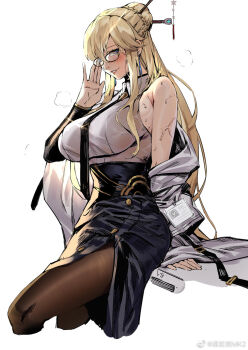 1girl black_skirt blonde_hair blue_eyes breasts club3 coat dungeon_and_fighter glasses hair_bun hair_ornament hair_stick highres long_hair necktie pantyhose shirt single_hair_bun skirt smile socks solo sweat white_background white_coat white_shirt