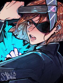 Rule 34 | 1girl, artist name, blue jacket, brown eyes, brown hair, commentary, cursed energy (jujutsu kaisen), ear piercing, earrings, english commentary, eyepatch, fighting stance, from side, hammer, high collar, highres, holding, holding hammer, holding nail, jacket, jewelry, jujutsu kaisen, jujutsu tech uniform, kugisaki nobara, long sleeves, looking at viewer, looking to the side, nail (hardware), open mouth, piercing, short hair, solo, spoilers, stud earrings, sybbatra, upper body