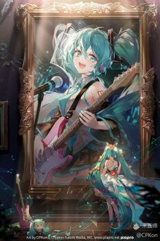 Rule 34 | 1girl, :d, aqua eyes, aqua hair, bare shoulders, cat princess, character doll, commentary request, copyright name, doll, dress, flower, fumo (doll), guitar, hair between eyes, hair flower, hair ornament, hatsune miku, highres, holding, instrument, long hair, looking at viewer, microphone, microphone stand, mihuashi logo, music, necktie, open mouth, picture frame, sheet music, singing, skirt, sleeveless, smile, twintails, very long hair, vocaloid, watermark