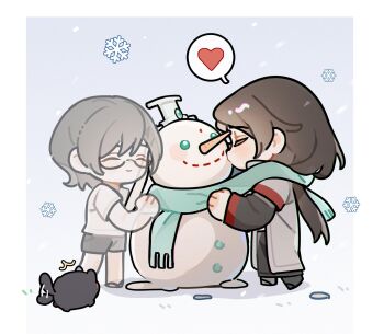 Rule 34 | 2boys, black-framed eyewear, black dog, black hair, black hanfu, black shorts, blue background, blush stickers, character snowman, chibi, chibi only, chinese clothes, closed eyes, closed mouth, coat, dog, glasses, gradient background, green eyes, green scarf, hair between eyes, hanfu, hashtag-only commentary, heart, highres, kiss, layered sleeves, long hair, long sleeves, luo binghe, male focus, motion lines, multiple boys, renzha fanpai zijiu xitong, ribboned xiao guan, sandals, scarf, see-through body, shadow, shared clothes, shared scarf, shen qingqiu, shen yuan, shirt, short hair, shorts, smile, snow, snowflakes, snowing, snowman, spoken heart, standing, surprised, tail, tail wagging, white background, white coat, white shirt, wolf cut, zorenbigmalo