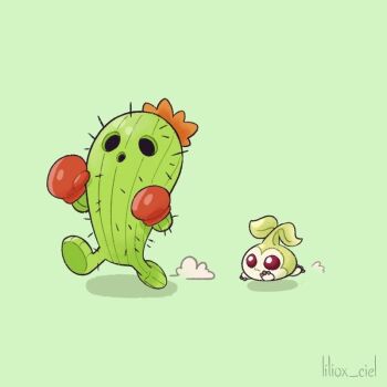 Rule 34 | artist name, boxing gloves, cactus, digimon, digimon (creature), gloves, green background, liliox ciel, no humans, plant monster, red gloves, simple background, spines, tanemon, togemon