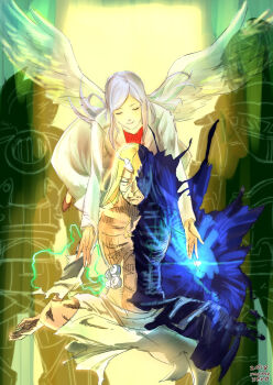 1girl 3boys angel_wings architect_(xenoblade) blonde_hair feathered_wings galea_(xenoblade) highres lab_coat meditation multiple_boys rex_(xenoblade) shulk_(xenoblade) silver_hair takahashi_tomoyuki wings xenoblade_chronicles_(series) xenoblade_chronicles_1 xenoblade_chronicles_2