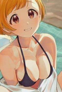 absurdres ball bare_shoulders beachball bikini black_bikini bob_cut breasts brown_eyes cleavage collarbone fukuda_noriko highres idolmaster idolmaster_million_live! orange_hair shirt smile swimsuit white_shirt yokoya_inori
