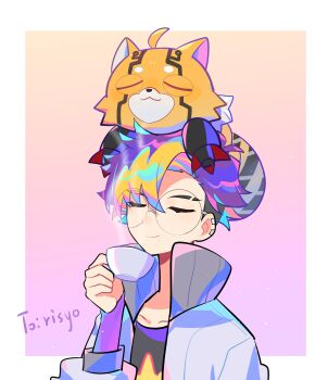 1boy black_shirt blonde_hair blue_hair border cup digimon digimon_(creature) digimon_beatbreak gift_art glasses gradient_background highres holding holding_cup jacket mar22826683 multicolored_hair open_clothes open_jacket pristimon purple_background shirt stuffed_animal stuffed_toy tenma_tomoro two-tone_hair white_border white_jacket