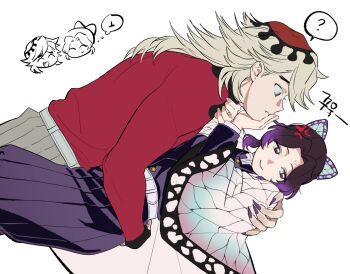 1boy 1girl ? anger_vein animal_print arm_around_waist belt black_gloves black_hair black_jacket black_pants blonde_hair butterfly_hair_ornament butterfly_print chibi chibi_inset claws douma_(kimetsu_no_yaiba) fang fang_out feet_out_of_frame fingerless_gloves fingernails forced_smile gloves gold_buttons grey_pants hair_ornament hakama hakama_pants hand_on_another&#039;s_face haori highres jacket japanese_clothes kimetsu_no_yaiba kochou_shinobu long_fingernails long_hair looking_at_another multicolored_hair pants parted_bangs print_haori purple_eyes purple_hair purple_nails red_shirt saeng-yang sharp_fingernails shirt sidelocks spoken_question_mark two-tone_hair updo veiny_face white_background white_belt