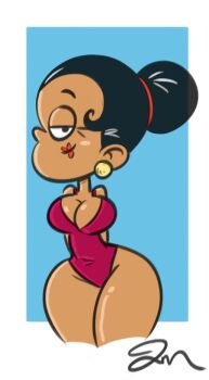 1girl artist_name bare_shoulders black_hair breasts carlota_casagrande cleavage closed_mouth dark-skinned_female dark_skin ear_piercing earrings hair_bun jewelry jose_miranda kra_arts large_breasts looking_at_viewer nose pear-shaped_figure piercing red_lips signature single_hair_bun smile solo sphere_earrings swimsuit the_casagrandes the_loud_house the_loud_house_(style) thick_thighs thighs toon_(style)