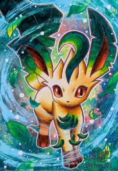 animal_focus brown_eyes brown_fur brown_sclera closed_mouth colored_sclera enryuu_(pixiv3483358) gen_4_pokemon green_fur highres leaf leafeon looking_at_viewer nintendo no_humans pokemon pokemon_(creature) pokemon_focus smile tail yellow_fur