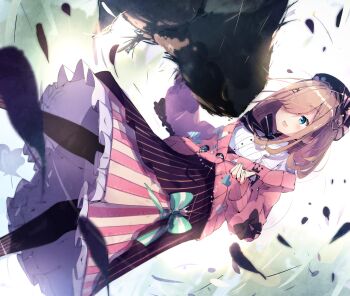 :d asymmetrical_bangs beret black_bow black_bowtie black_hat black_pantyhose black_skirt blue_eyes blurry blurry_foreground blush bow bowtie brown_hair cardigan chestnut_mouth collared_shirt commentary_request cross-laced_clothes cross-laced_sleeves depth_of_field dutch_angle falling_feathers feathers frilled_skirt frills hair_ornament hair_over_one_eye hairclip hat high-waist_skirt highres layered_skirt long_bangs long_hair long_skirt long_sleeves looking_at_creature nekopote nijisanji open_mouth pantyhose petticoat pink_cardigan pink_skirt pinstripe_pantyhose pinstripe_pattern pinstripe_skirt ribbed_shirt shirt skirt sleeve_bow smile striped_clothes striped_skirt suzuhara_lulu suzuhara_lulu_(1st_costume) the_last_guardian trico_(character) underbust vertical-striped_clothes vertical-striped_skirt virtual_youtuber white_shirt x_hair_ornament