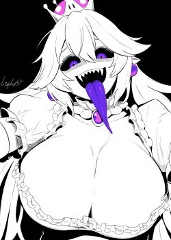 1girl absurdres breasts cleavage collar colored_sclera colored_tongue commentary crown detached_collar dress earrings frilled_collar frilled_dress frills greyscale highres huge_breasts jewelry long_hair long_tongue lughost mario_(series) monochrome new_super_mario_bros._u_deluxe nintendo princess_king_boo puffy_short_sleeves puffy_sleeves purple_eyes purple_tongue reaching reaching_towards_viewer sharp_teeth short_sleeves signature solo spot_color super_crown teeth tongue underbust upper_body